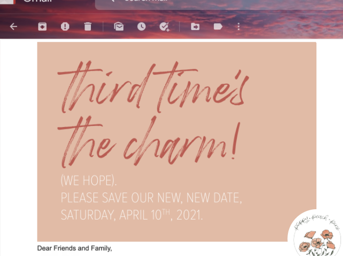 Third Time's the Charm Digital Rescheduling Wedding Coronavirus Covid-19 Save the Date Postcard